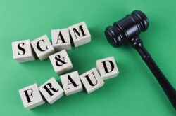 letter blocks spelling out scam & fraud with a gavel laying next to them