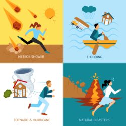 graphics of meteor shower, flooding, tornado & hurricane, and natural disasters