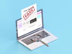 graphic of a laptop with a magnifying glass on the keyboard and a web page with FAKE stamped on it